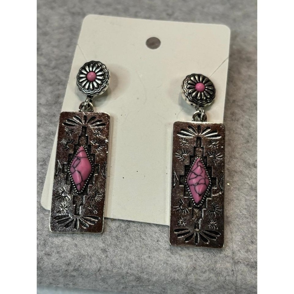 Pink Silver-tone Western Dangle Earrings